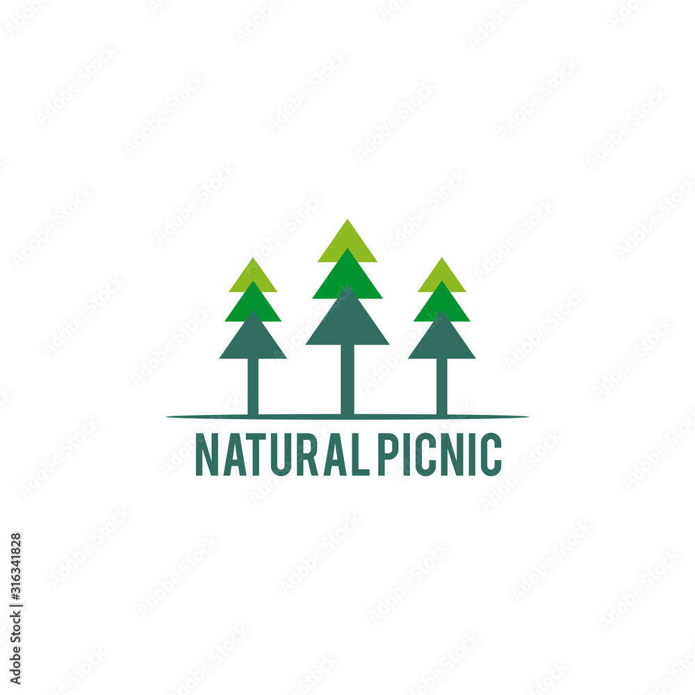 Recreational picnic at pine forest logo design vector template