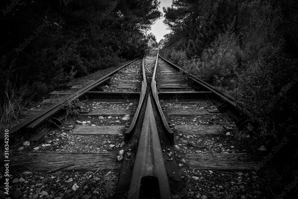 Naklejka premium Old vintage railway tracks in black and white