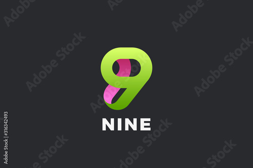 Number 9 Nine Logo design vector template Ribbon Font style Typography.