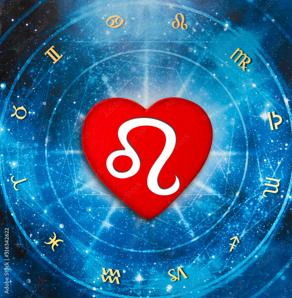 romantic red heart with zodiac symbol Lion over blue horoscope ...