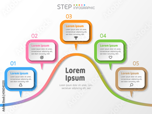 5 stage steps process bell curve shape color graphic elements infographic. Creative business data visualization.