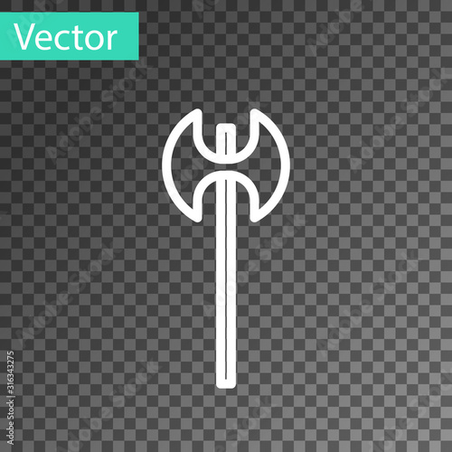 White line Medieval axe icon isolated on transparent background. Battle axe, executioner axe. Medieval weapon. Vector Illustration