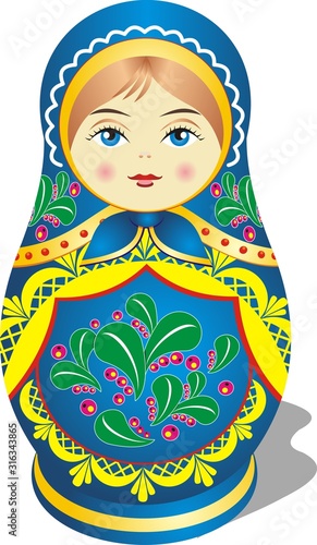 Matryoshka, brown-haired girl in blue-Russian folk toy