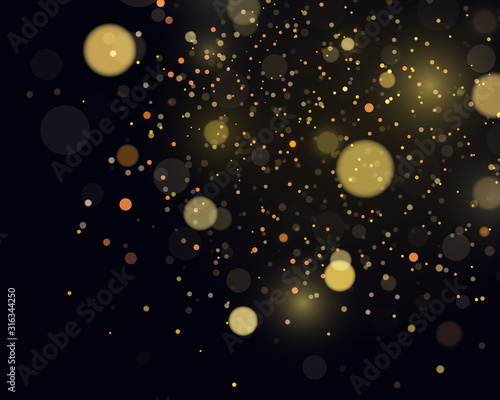 Sparkling golden magic star comet on black background. Cosmic glittering wave. Christmas flash. Sparkling magical dust particles. Magic concept. Abstract background with bokeh effect.