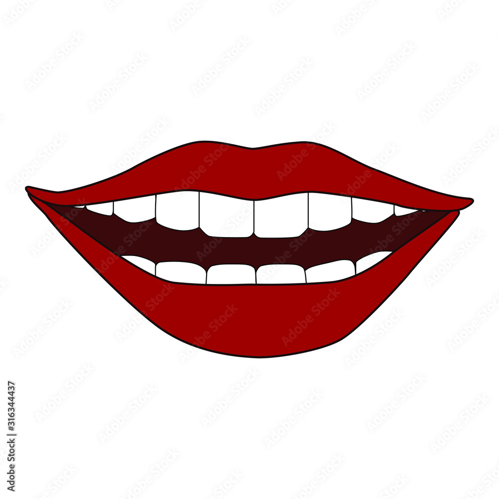 Vector illustration of female smilling mouth in cartoon style isolated on white background