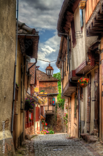 Picturesque Street in Beautiful Riquewihr, Alsace, France
