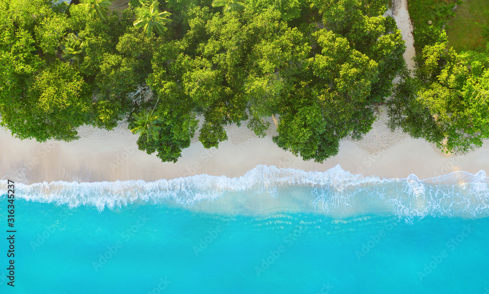 Aerial view on tropical beach with blue sea and green trees.