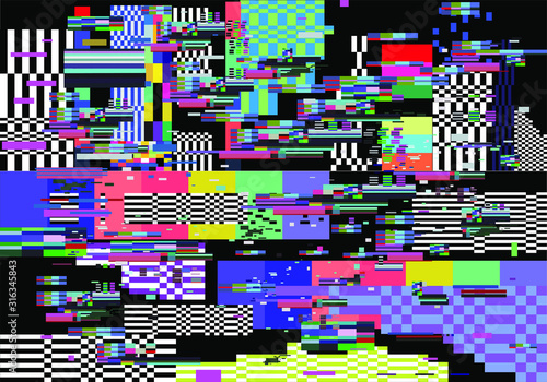 Mosaic of random colorful pixels like in 8-bit video game with glitch art effect. Vaporwave and retrowave style abstract geometric background.