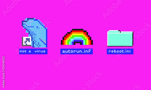 Pixel art icons in webpunk style. Conceptual illustration of computer viruses, ransomware, malware or adware.