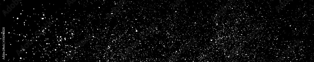 White Grainy Texture On Black. Panoramic Background. Wide Horizontal Long Banner For Site. Dust Overlay. Light Coloured Noise Granules. Snow Vector Elements. Illustration, EPS 10. - obrazy, fototapety, plakaty 
