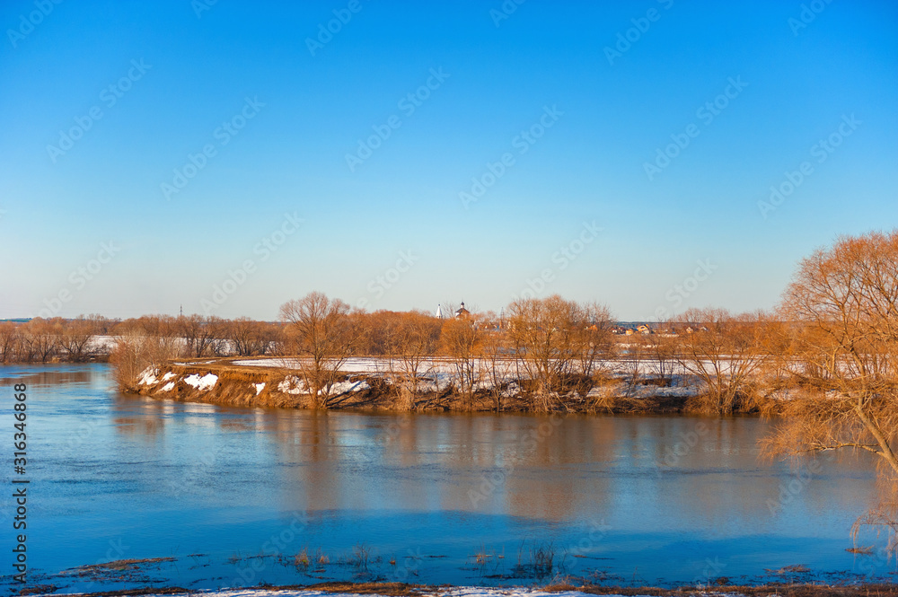 Spring natural landscape with trees standing in the water during the spring flood. beautiful spring landscape with reflection in a river, lake or pond. Sunny day with blue clear sky