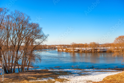 Spring natural landscape with trees standing in the water during the spring flood. beautiful spring landscape with reflection in a river, lake or pond. Sunny day with blue clear sky
