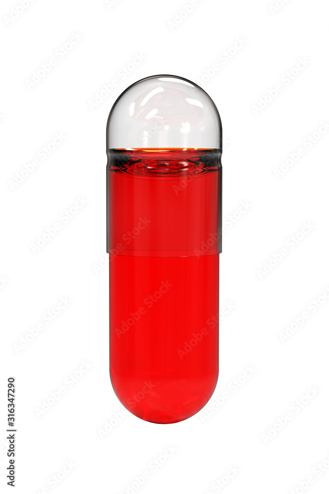 Transparent Capsule Pill with Red Oil Inside. 3D Render Isolated on White Background. Transparent Capsule Pill with Red Oil Inside. 3D Render Isolated on White Background.