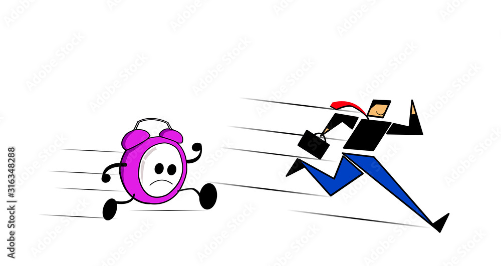 Drawing gartoon of a man running racing against a clock character ...
