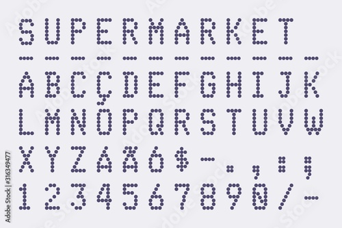 Supermarket and Bank Receipt (Shopping Bill) Font. Pixel (Dot) Style Typography Font (Vector Typeface). Uppercase Alphabet and Numbers.