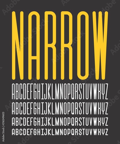 Narrow and Condensed Regular Sans Serif Font (Vector Typeface). Uppercase Typography in Four Levels.