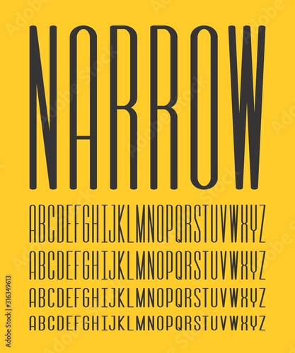 Narrow and Condensed Regular Sans Serif Font (Vector Typeface). Uppercase Typography in Four Levels.
