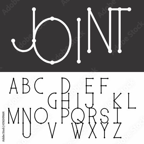 Narrow (Condensed) Regular Thin Sans Serif Font (Vector Typeface) with Joints (Connectors) for unusual compositions (layouts). Uppercase Typography.