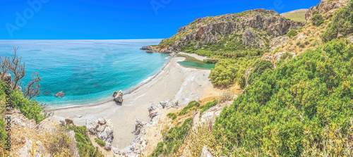 Fototapeta Naklejka Na Ścianę i Meble -  View over the lovely preveli palm beach on the greek island of crete with no people in summer