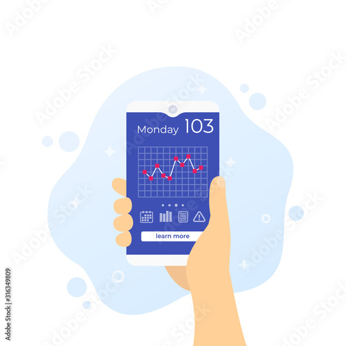 glucose levels chart in app on smart phone screen, vector