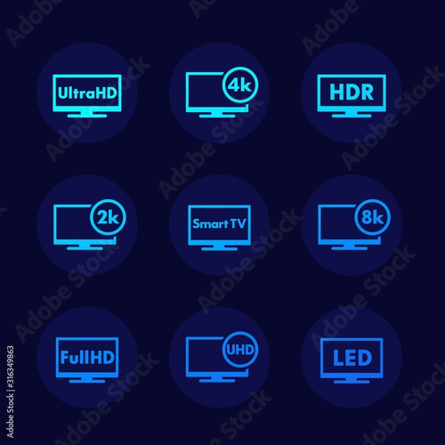 Ultra HD TV, Full HD, 4k, 8k video and High Definition icons set