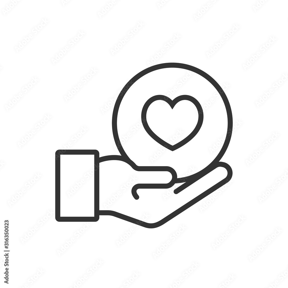 Heart in hand line icon, outline vector sign, linear pictogram isolated on white. Health, love and relationship symbol, logo illustration Heart in hand line icon, outline vector sign, linear pictogram isolated on white. Health, love and relationship symbol, logo illustration
