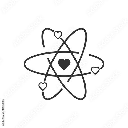 Atom with electrons in heart shape in flat design. Vector illustration. Symbol of the molecule or atom, isolated.