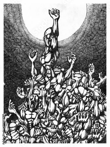 Ink Drawing (Hatch Work) of Crowd Trying to get Freedom in a Textured Unique Style. Artistic Manual Illustration turned to Vector. Pain, Agony, Depression, Anxiety, Suffering, Depression. 