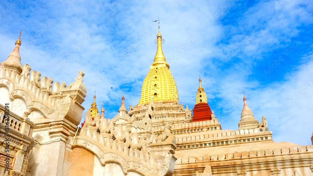 Myanmar, Bagan - December 17, 2018: Ananda Temple majestic view on a blue sky