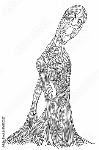 Ink Drawing (Hatch Work) of Contorted Detailed Muscular Body in a Textured Unique Style. Artistic Manual Illustration turned to Vector. Pain, Agony, Depression, Anxiety, Suffering, Depression. 