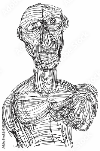 Ink Drawing (Sketch, Hatch Work) of an Expressive Face (Old Man) in a Textured Unique Style. Artistic Manual Illustration turned to Vector. 