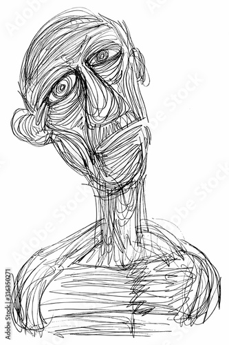 Ink Drawing (Sketch, Hatch Work) of an Expressive Face (Old Man) in a Textured Unique Style. Artistic Manual Illustration turned to Vector. 