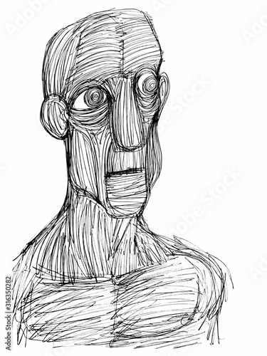 Ink Drawing (Sketch, Hatch Work) of an Expressive Face (Old Man) in a Textured Unique Style. Artistic Manual Illustration turned to Vector. 