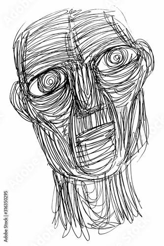 Ink Drawing (Sketch, Hatch Work) of an Expressive Face (Old Man) in a Textured Unique Style. Artistic Manual Illustration turned to Vector. 