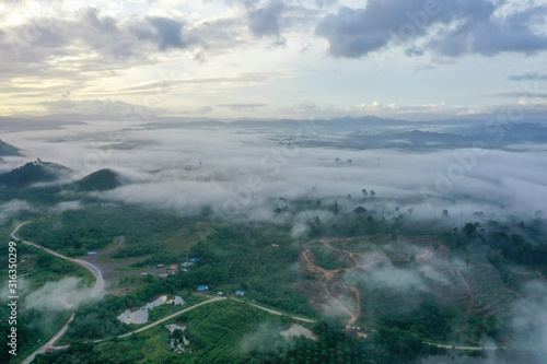 Aerial view misty and foggy morning at the Imbak Village in Tongod  Sabah  Malaysia  Borneo. Certain part with rainforest jungle and palm oil plantation.