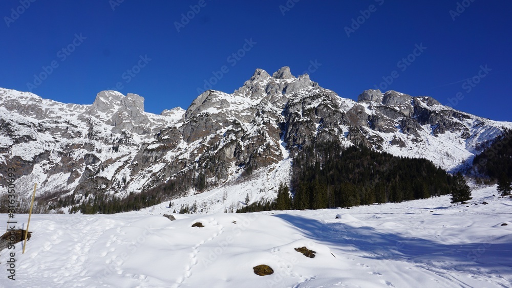 Blick auf das verschneite Tennengebirge - Schneelandschaft in Werfenweng, Austria - winter landscape with mountains