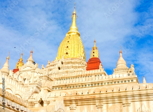 Myanmar, Bagan - December 17, 2018: Ananda Temple majestic view on a blue sky