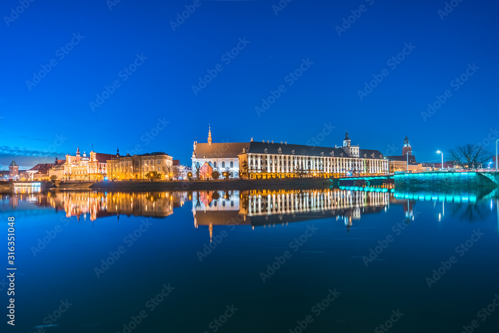 The city of Gdańsk on the Odra River at dawn.