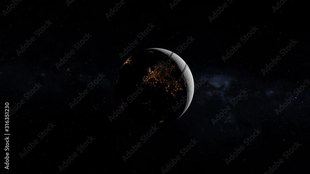 Volley world concept. Space view intro background planet earth night lights revealing white ball rotating in space sunrise animation. Contains items furnished by Nasa