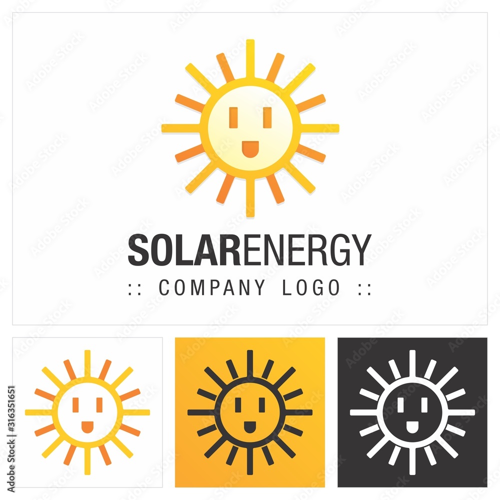 Solar Energy Vector Symbol Company Logo. Cartoon Style Logotype. Sun,  Electric Plug and Smile Icon illustration (Emoticon). Elegant Identity  Concept Design Idea Template (Brand). Stock Vector | Adobe Stock