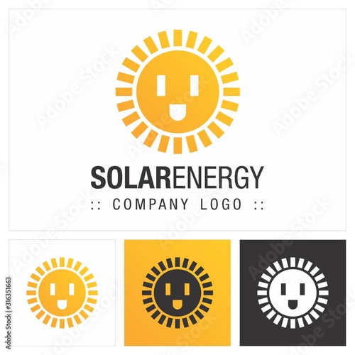 Solar Energy Vector Symbol Company Logo. Cartoon Style Logotype. Sun, Electric Plug and Smile Icon illustration (Emoticon). Elegant Identity Concept Design Idea Template (Brand). 