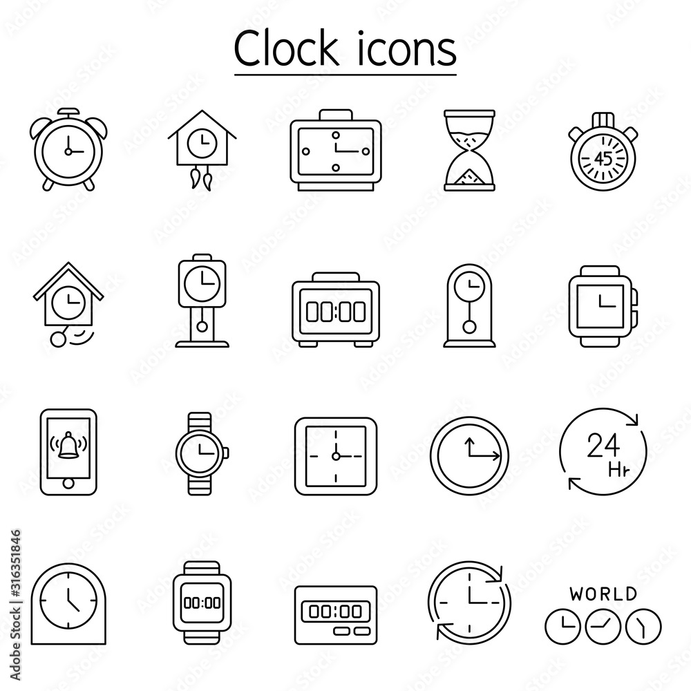 Clock, watch, stopwatch icon set in thin line style Clock, watch, stopwatch icon set in thin line style