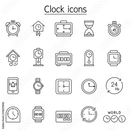 Clock, watch, stopwatch icon set in thin line style