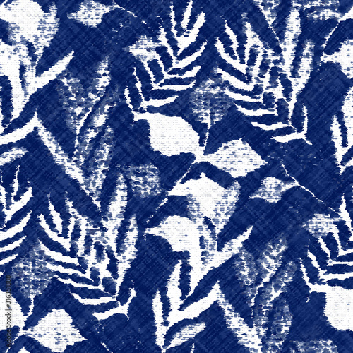 Indigo cyanotype dyed effect distressed worn bleached graphical motif. Noisy brushed faded mottled, intricate grungy stained navy design. Seamless repeat raster jpg pattern swatch.