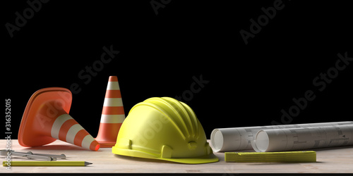 Fototapeta Naklejka Na Ścianę i Meble -  Architect workplace. Project construction blueprints and engineering tools on wooden desk. 3d illustration