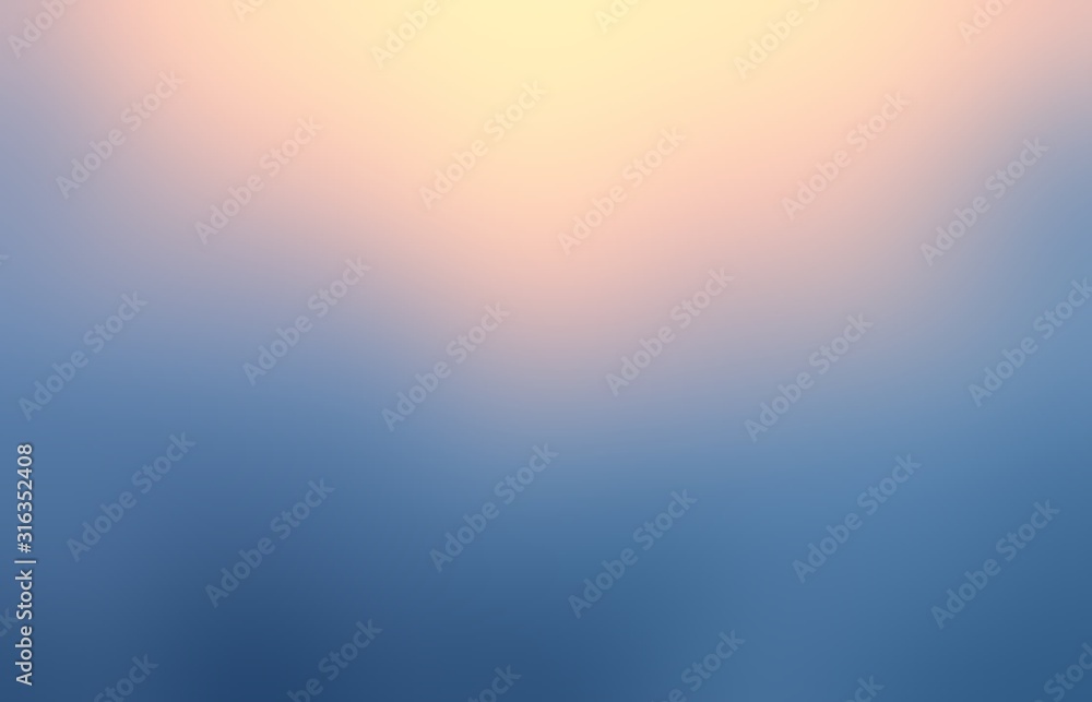 Golden sunshine on blue sky empty background. Warm light in cold air blurred abstract illustration. Winter morning glow defocused image.