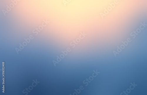 Golden sunshine on blue sky empty background. Warm light in cold air blurred abstract illustration. Winter morning glow defocused image.