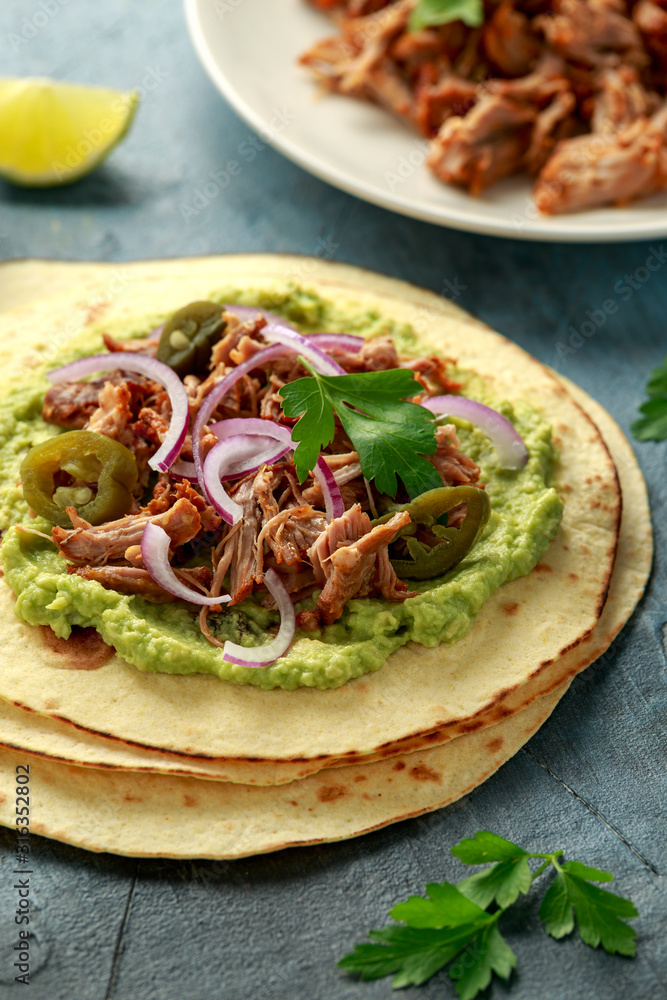 Fototapeta premium Mexican Corn tortilla with shredded Pork, avocado, red onion and jalapeno