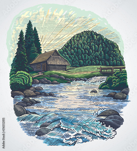 Summer landscape with a hut and a mountain river surrounded by hills covered with forest