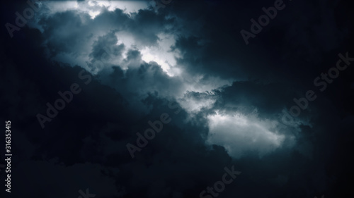 Epic thunderstorm clouds at night with lightning. Realistic black storm sky timelapse with powerful flashes and lights. Force of nature and dark environment 3D illustration. Severe weather background